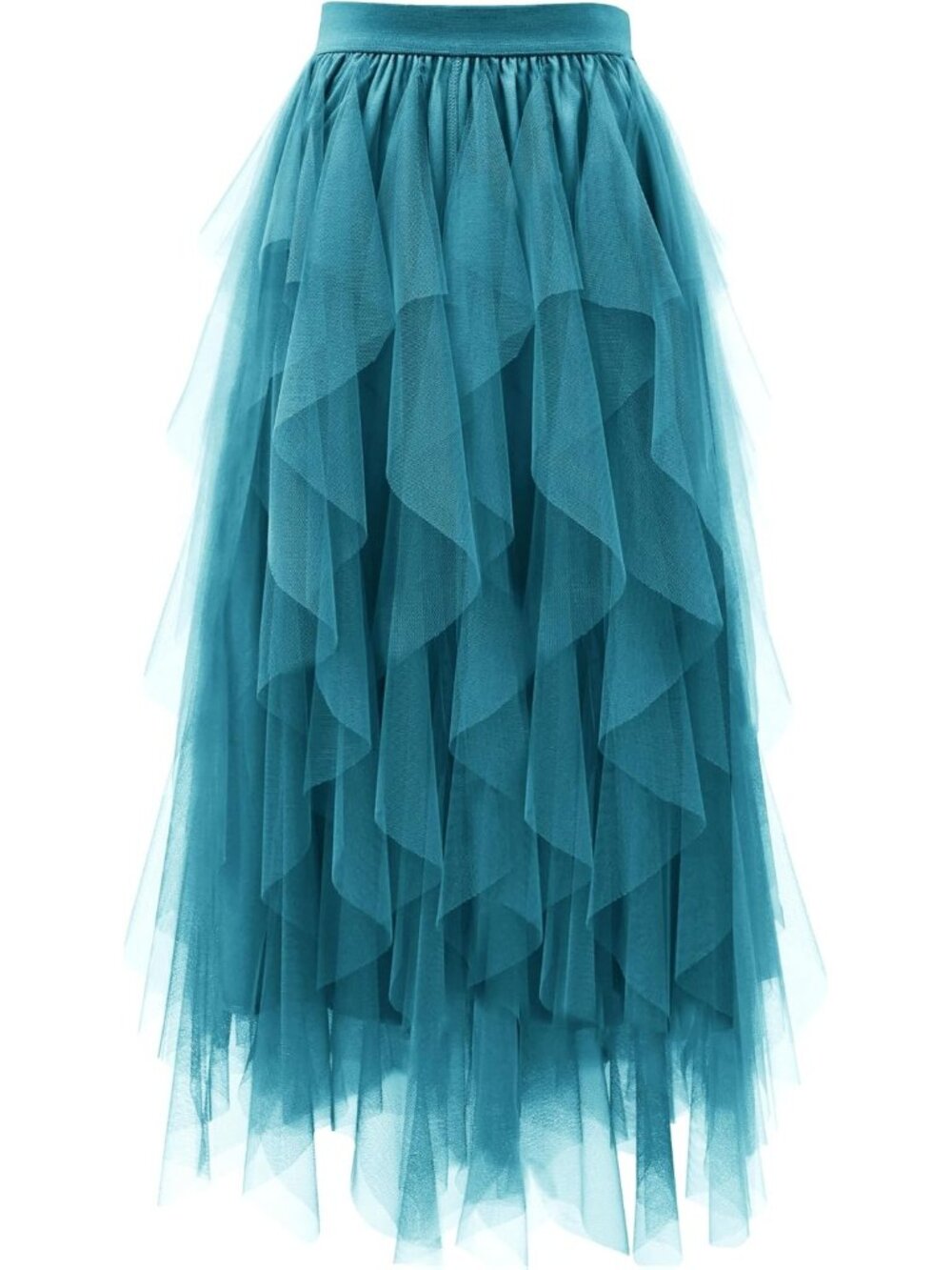 Women Teal Blue High Waist Layered Tulle Mesh Ruffle Asymmetric Midi Tutu Skirt